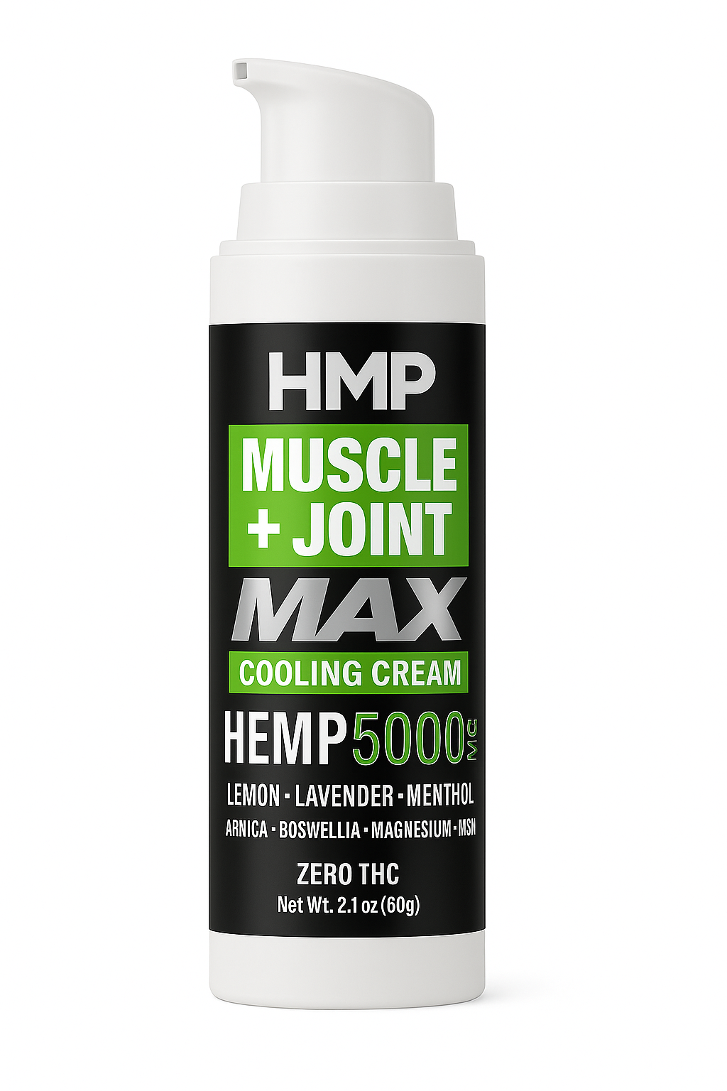 HMP Muscle+Joint MAX 5000mg cooling cream bottle with hemp, lemon, lavender, menthol, and natural essential oils for muscle and joint relief.