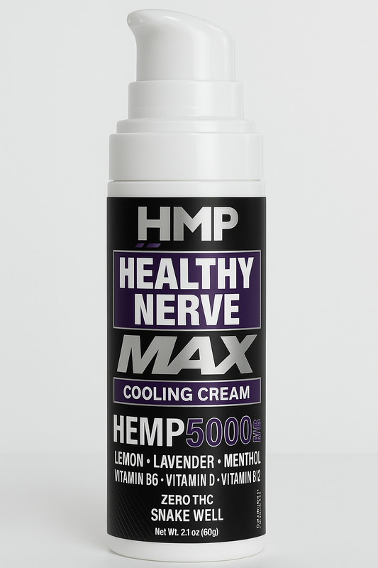HMP Healthy Nerve MAX 5000mg cooling cream with hemp, lemon, lavender, menthol, and vitamins for nerve health