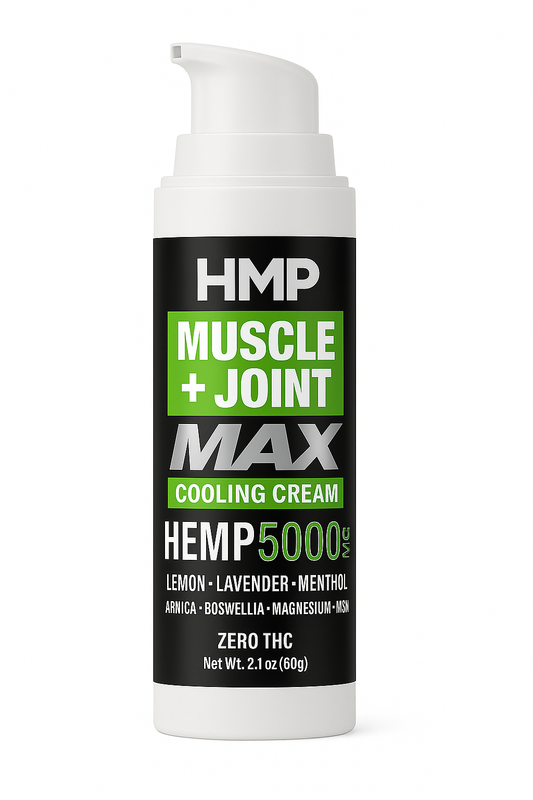 HMP Muscle+Joint MAX 5000mg cooling cream bottle with hemp, lemon, lavender, menthol, and natural essential oils for muscle and joint relief.
